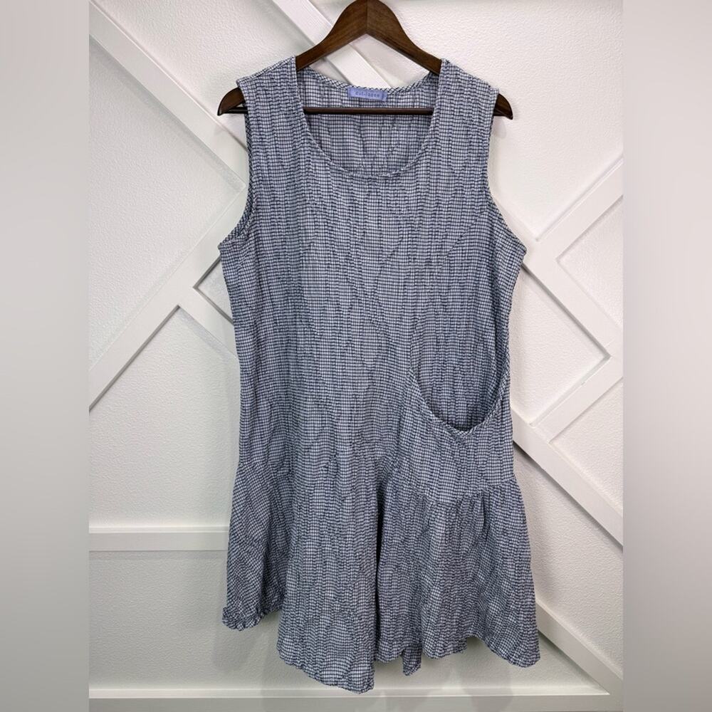 Cut Loose Blue Check Crinkle Sleeveless Asymmetric Dress Drop Waist Pocket Med
